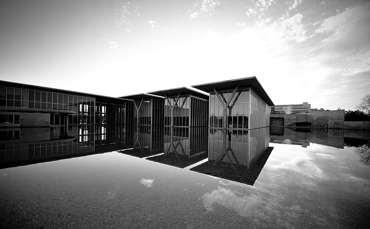 Sun Goes Down On Fort Worth, clear glass wall buildin g, Black and White, Architecture, Museum, Texas, usa, 2011, United States of America, Fort Worth, Modern Art Museum Forth Worth, Tadao Ando, ​​The Modern, West Texas , dmu dallas, HD tapet