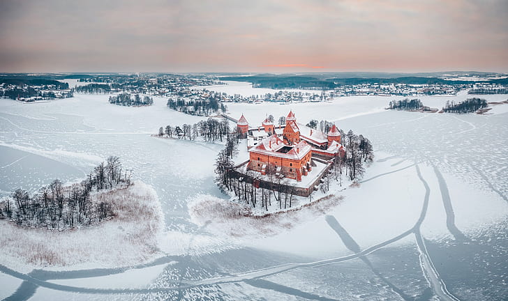 winter, castle, Trakai, Lithuania, HD wallpaper