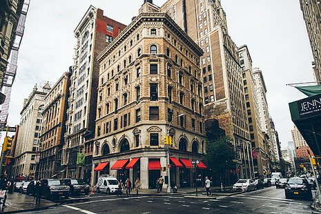 gedung beton abu-abu, fotografi jalanan gedung tinggi coklat, jalan, lanskap kota, gedung, Kota New York, Wallpaper HD HD wallpaper