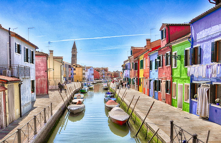 Veneza, ilha de Burano, céu, barcos, casas, Veneza, canal, Itália Ilha de Burano, HD papel de parede