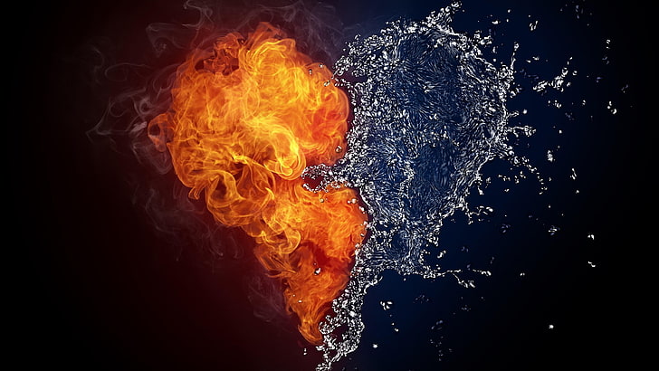 jantung, api, api, air, tetes, gelap, kontras, Wallpaper HD