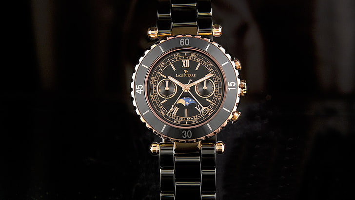round gold-colored chronograph watch with link bracelet, watch, Jack Pierre, HD wallpaper