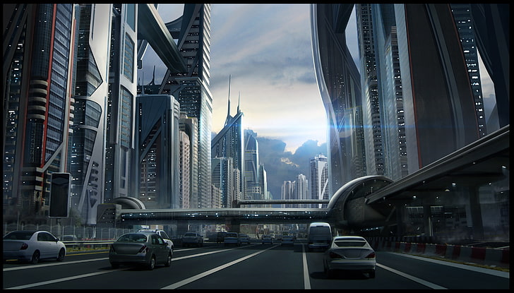 veicolo d'argento vicino a pittura, strada, cielo, macchina, città, futuro, strada, costruzione, transizione, paesaggio urbano di fantascienza, Sfondo HD