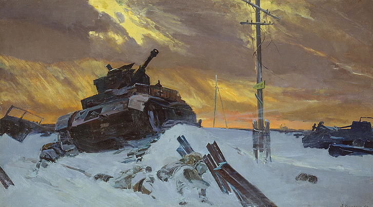 brown battle tank illustration, the sky, posts, Picture, tank, The great Patriotic war, &quot;the Enemy is stopped&quot;, F Osipenko, 1949, HD wallpaper