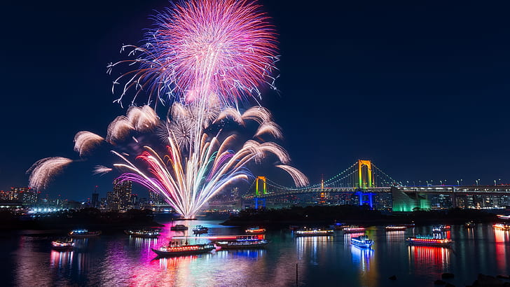 東京、都市、花火、美しい夜、湾、橋、イルミネーション、日本、東京、都市、花火、美しい、夜、湾、橋、イルミネーション、日本、 HDデスクトップの壁紙