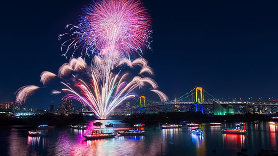 Tokyo, city, fireworks, beautiful night, bay, bridge, illumination, Japan, Tokyo, City, Fireworks, Beautiful, Night, Bay, Bridge, Illumination, Japan, HD wallpaper HD wallpaper