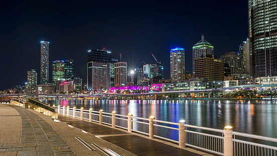 บริสเบนตอนใต้, บริสเบน, ออสเตรเลีย, เส้นขอบฟ้า, ตัวเมือง, กลางคืน, แม่น้ำ, การถ่ายภาพเปิดรับแสงเป็นเวลานาน, แสงไฟของเมือง, ทิวทัศน์ของเมือง, วอลล์เปเปอร์ HD HD wallpaper