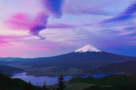 Mt.Fuji, montagne, printemps, matin, Japon, avril, Fuji, stratovolcan, mont Fuji, île de Honshu, Fond d'écran HD HD wallpaper