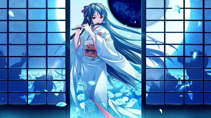 chicas anime, kimono, anime, azul, Fondo de pantalla HD