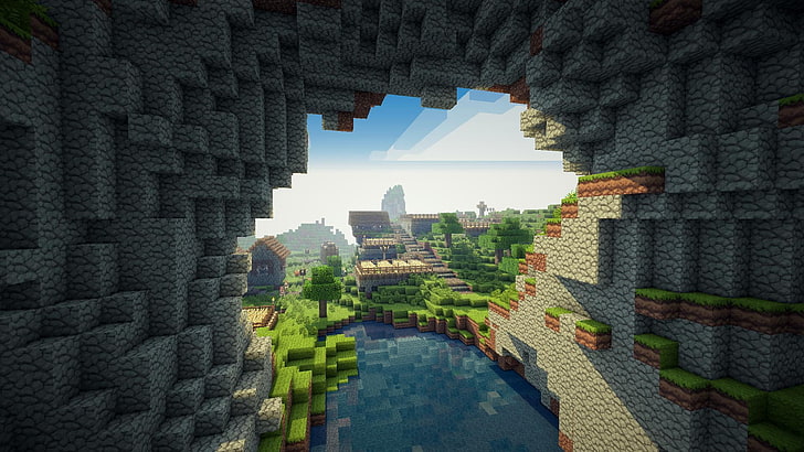 Minecraft game screenshot, clouds, trees, mountains, lake, plain, village, minecraft, HD wallpaper