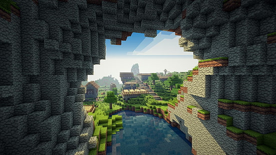 Minecraft game screenshot, clouds, trees, mountains, lake, plain, village, minecraft, HD wallpaper HD wallpaper