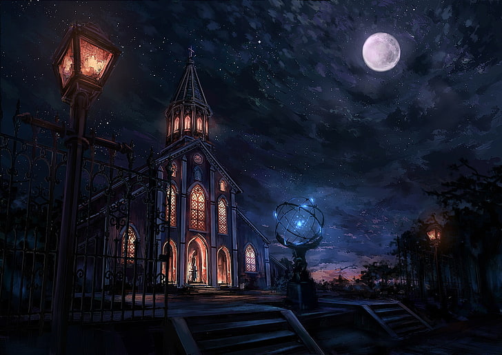 wallpaper gereja hitam dan coklat di malam hari, wallpaper istana berhantu, malam, pemandangan kota, kota, bulan, seni fantasi, gereja, Wallpaper HD