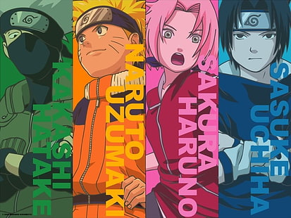 Fondo de pantalla de Naruto, Sasuke, Sakura y Kakashi, Naruto Shippuuden, anime, Hatake Kakashi, Uzumaki Naruto, Haruno Sakura, Uchiha Sasuke, paneles, Fondo de pantalla HD HD wallpaper