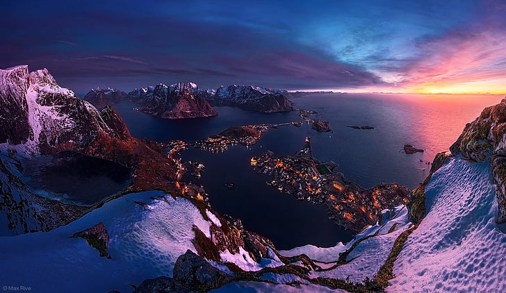 снежна планина, Норвегия, остров, море, сняг, зима, градски пейзаж, планини, природа, пейзаж, HD тапет