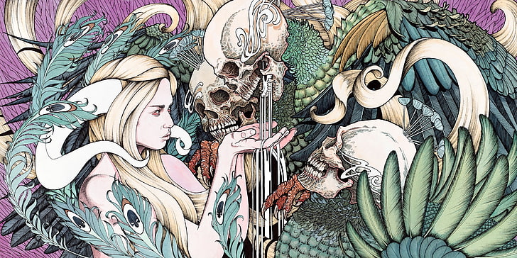 женщина играет с черепами иллюстрационная, череп, демоница, растения, фэнтези арт, HD обои