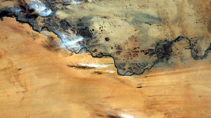 Nilen, Sudan, floden, öken, afrika, Saharaöknen, rymdfotografering, satellitbilder, flygfotografering, fågelperspektiv, sand, vatten, landskap, moln, terräng, HD tapet