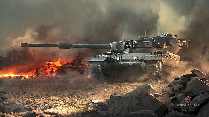 wallpaper tank tempur abu-abu, api, perang, asap, tank, Dunia tank, WoT, tank Inggris, Centurion Mk, Wallpaper HD