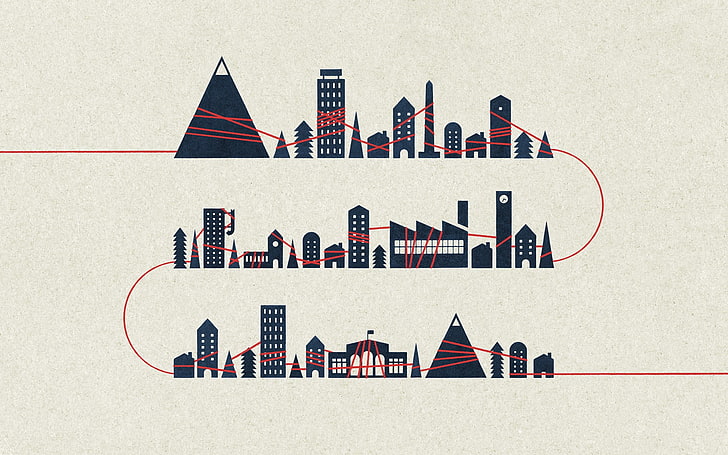 cityscape illustration, digital art, minimalism, simple background, ropes, building, mountains, trees, snowy peak, tower, factories, HD wallpaper