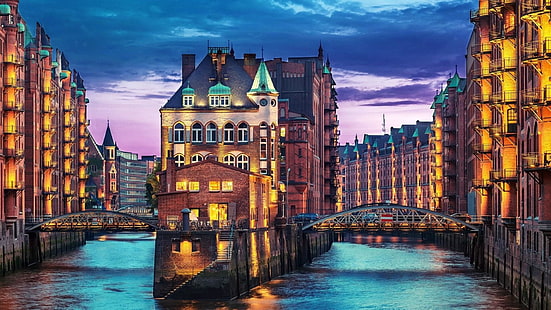 Шпайхерштадт, Гамбург, Германия, Европа, склад, канал, каналы, всемирное наследие ЮНЕСКО, HD обои HD wallpaper