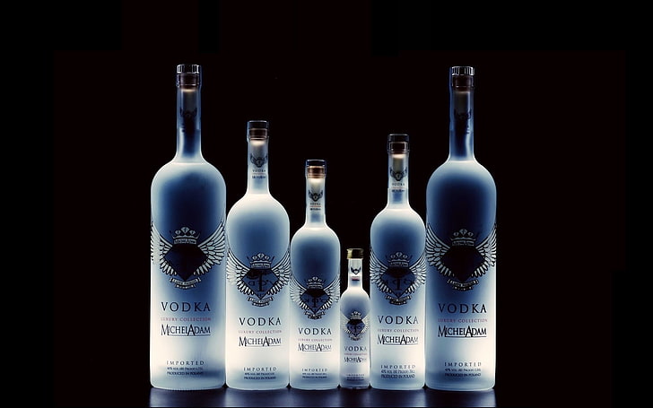 six Vodka liqueur bottles, GLASS, BOTTLE, BRAND, VODKA, ALCOHOL, HD wallpaper