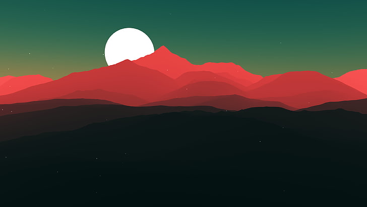 красные горы и луна цифровые обои, иллюстрация красной горы, цифровое искусство, минимализм, природа, холмы, горы, луна, звезды, ночь, произведения искусства, пейзаж, простой, закат, HD обои