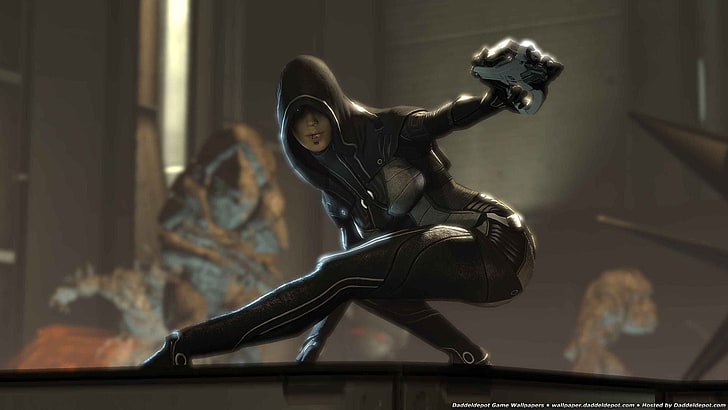 женский черный костюм, Mass Effect, Kasumi Goto, видеоигры, HD обои
