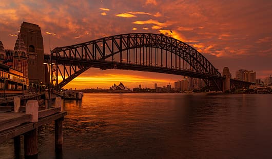 solnedgång, bro, Australien, Bay, Sydney, Sydney Harbour Bridge, Harbour Bridge, Bay Port Jackson, Port Jackson Bay, HD tapet HD wallpaper