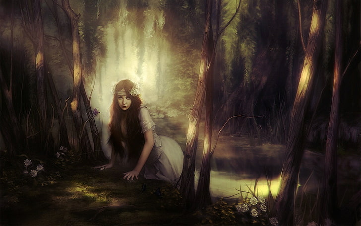 painting of woman on forest, digital art, women, brunette, nature, river, trees, sunlight, artwork, HD wallpaper