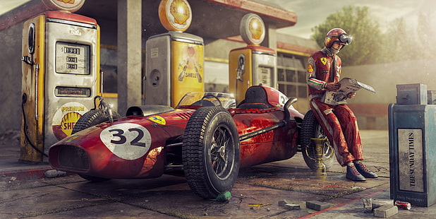 artwork, car, numbers, vehicle, red cars, race cars, Ferrari, HD wallpaper HD wallpaper