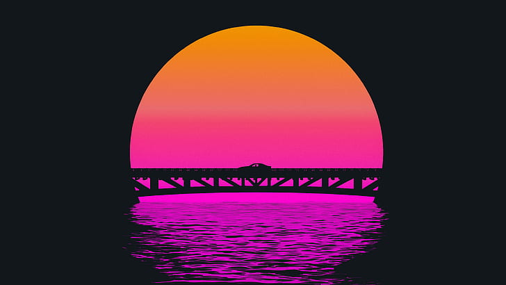 Sunset, The sun, Bridge, Music, Silhouette, Background, 80s, Neon, 80's, Synth, Retrowave, Synthwave, New Retro Wave, Futuresynth, Sintav, Retrouve, Outrun, Sfondo HD