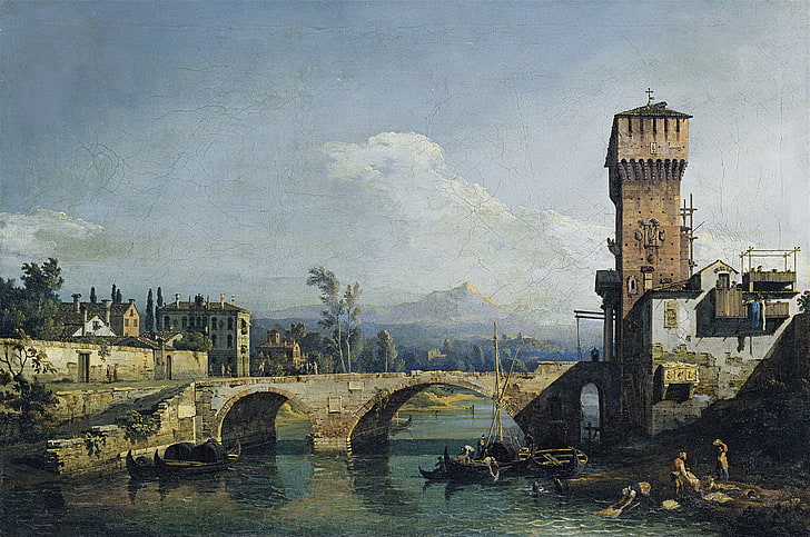 Landschaft, die Stadt, Turm, Bild, venezianisches Capriccio: Fluss, Brücke und mittelalterliches Stadttor, Giovanni Antonio Canaletto, HD-Hintergrundbild