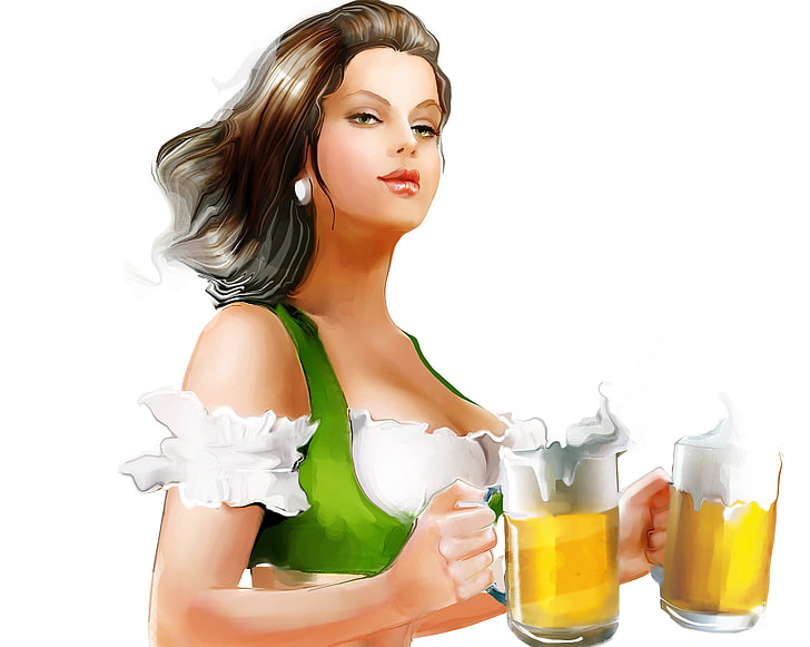 woman holding beer glass illustration, look, girl, face, background, beer, mugs, painting, Tatiana Nikitina, HD wallpaper
