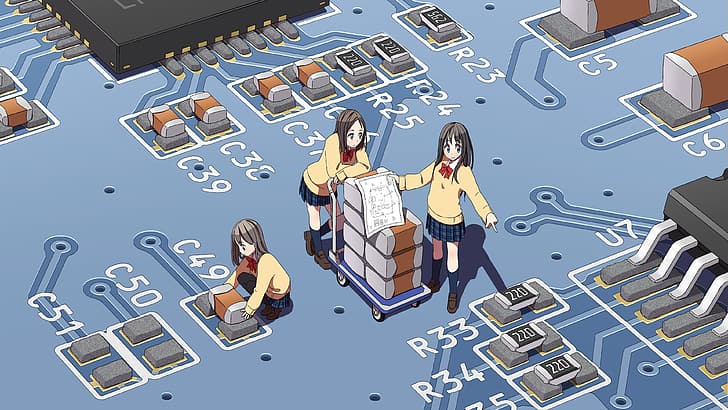 anime girls, placas de circuito, uniforme escolar, HD papel de parede