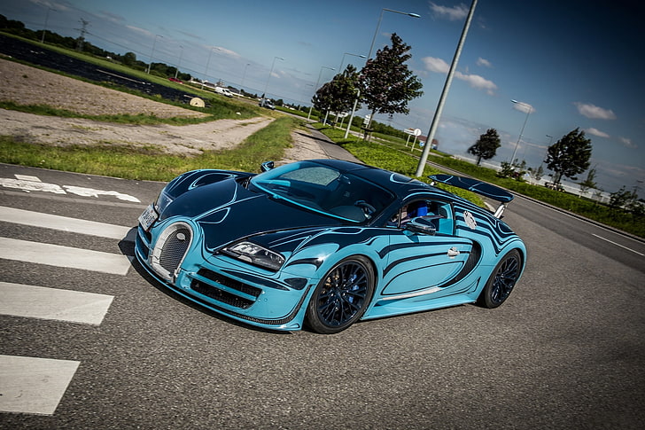 синий и черный Bugatti Veyron, Bugatti, Veyron, супер, спорт, сапфир блю, суперкар, HD обои