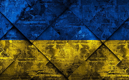 ยุโรป, ยูเครน, ธง, สัญลักษณ์ประจำชาติ, ศิลปะกรันจ์, พื้นผิวกรันจ์รูปสี่เหลี่ยมขนมเปียกปูน, ธงชาติยูเครน, ธงชาติยูเครน, วอลล์เปเปอร์ HD HD wallpaper