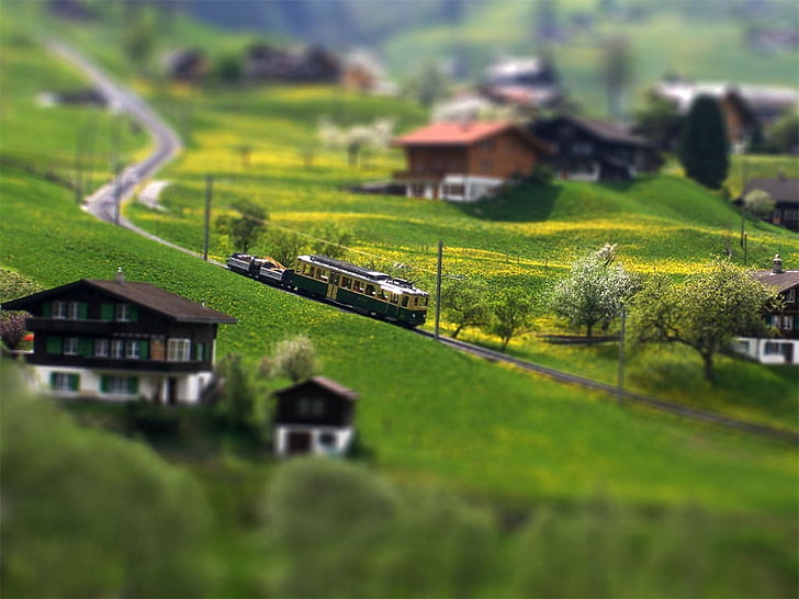 miniatura del treno nero e ottone, fotografia in miniatura del treno bianco e nero tra il campo di erba verde e le case, inclinazione, treno, villaggio, cottage, Alpi, Sfondo HD