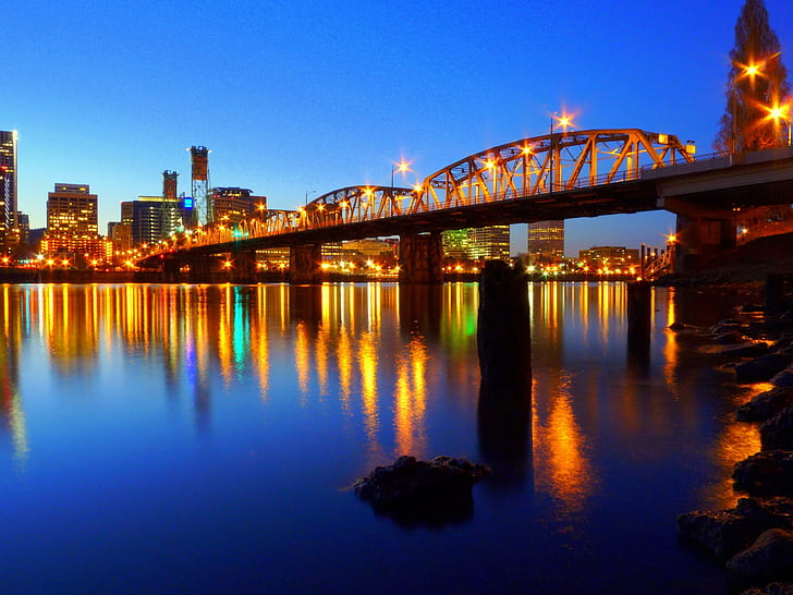 architectural photography of bridge to city under clear sky during nighttime, y'all, architectural photography, bridge, city, nighttime, Downtown  Portland, night, cityscape, urban Skyline, river, architecture, dusk, downtown District, bridge - Man Made Structure, urban Scene, reflection, illuminated, famous Place, twilight, HD wallpaper