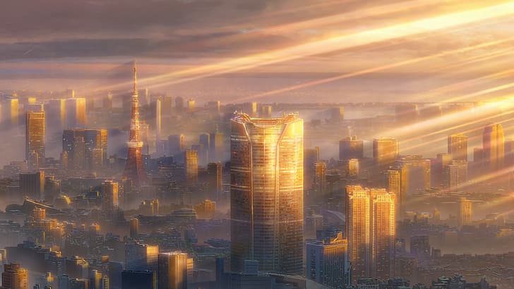 Tenki no Ko, anime, sunlight, shadow, brightness, building, skyscraper, city, Tokyo, clouds, Makoto Shinkai, HD wallpaper