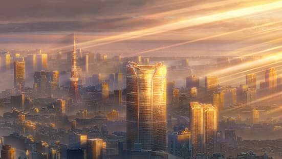  Tenki no Ko, anime, sunlight, shadow, brightness, building, skyscraper, city, Tokyo, clouds, Makoto Shinkai, HD wallpaper HD wallpaper