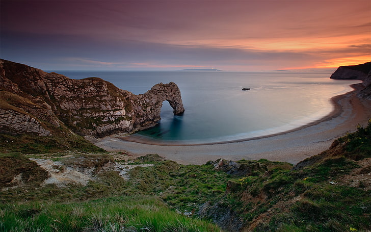 Durdle Door, Angleterre, mer, ciel, eau, coucher de soleil, roches, Angleterre, plage, Fond d'écran HD