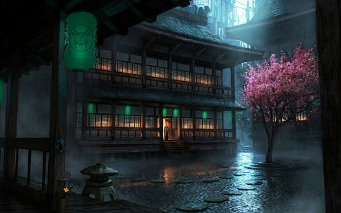 Chińska architektura, chińska, fantasy, noc, grafika, kwiat wiśni, ciemność, latarnia, The Secret World, Tapety HD HD wallpaper