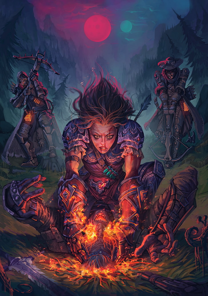 woman making flames illustration, fantasy art, warrior, magic, fire, HD wallpaper