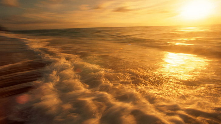 badan air, pemandangan, matahari terbenam, laut, buram, ombak, Wallpaper HD