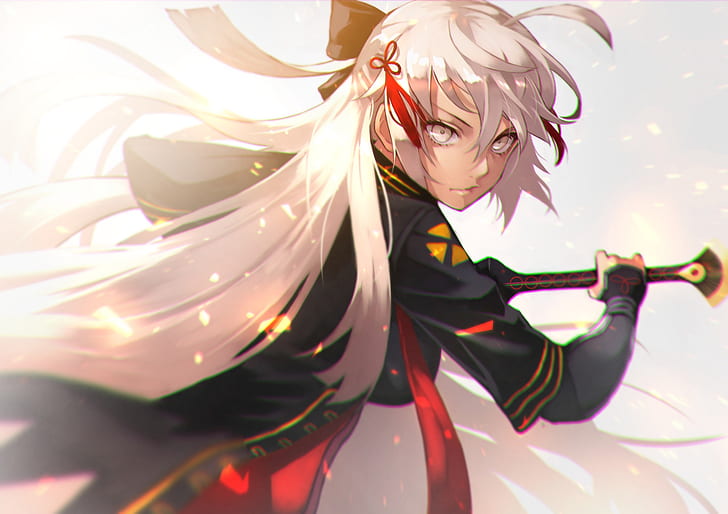 Okita Souji, white hair, long hair, sword, dark skin, gray eyes, weapon, HD wallpaper