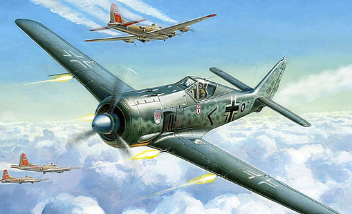 空、人物、戦闘機、芸術、爆撃機、航空機、ドイツ語、フォッケウルフ、WW2、アメリカ、4エンジン、および「飛行要塞と」、FW-190 A-4、ボーイングB-17、 HDデスクトップの壁紙 HD wallpaper
