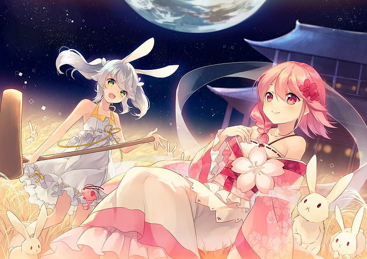 animal ears, dress, anime girls, rabbits, HD wallpaper