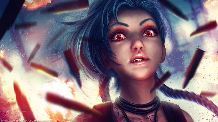League of Legends Jinx, blue haired animated female character, anime, red eyes, Jinx (League of Legends), League of Legends, video games, women, anime girls, Jinx, ADC, HD wallpaper