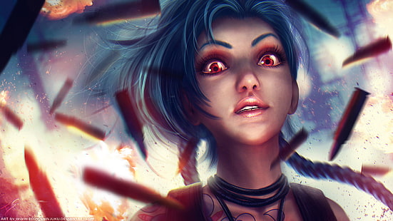 League of Legends Jinx, blue haired animated female character, anime, red eyes, Jinx (League of Legends), League of Legends, video games, women, anime girls, Jinx, ADC, HD wallpaper HD wallpaper