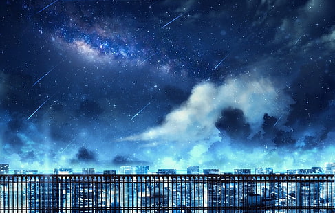 Аниме, оригинал, сграда, град, облак, комета, нощ, небе, звезди, HD тапет HD wallpaper
