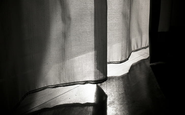 gray, sun rays, sheets, photography, simple, curtains, monochrome, shadow, HD wallpaper